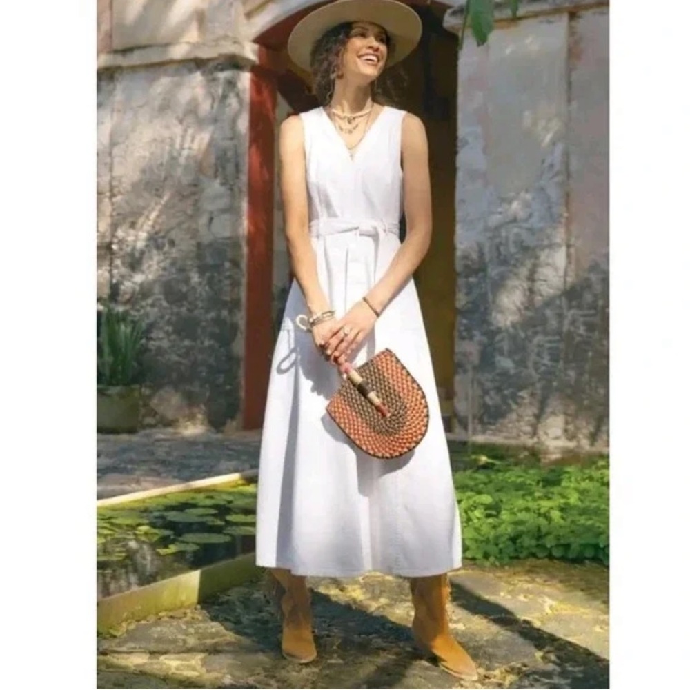 SUNDANCE Catalog NWT ‘Poppy’ Denim Jean Midi Belted Dress in White Size 12 - Picture 2 of 13